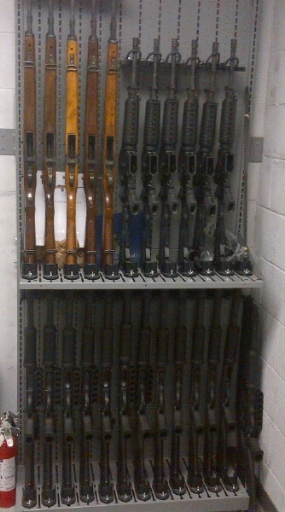 Combat Weapon Shelving specified for architects and design firms for storage of rifles, pistols and machine guns.