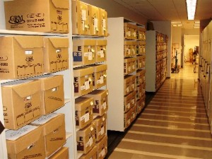 Wall of Boxes Stored in Lateral Mobile Shelving