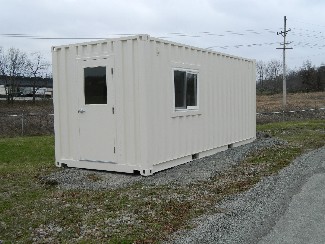 Conex Box outfitted with windows as a stand alone office