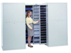 Gemtrac--High Density Lateral Shelving for Multi-Media storage by Russ Bassett- Russ Bassett High Density Multi-Media Storage Gemtrac